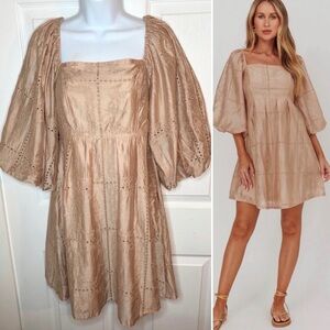 Listicle Champagne Beige Embroidered Eyelet Square Neck Puff Sleeve Dress S NWT